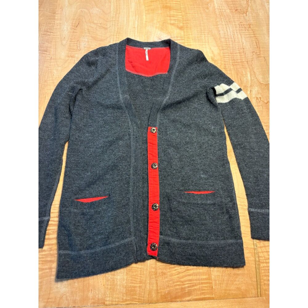 Free People Ivy College Grey and Red Cardigan